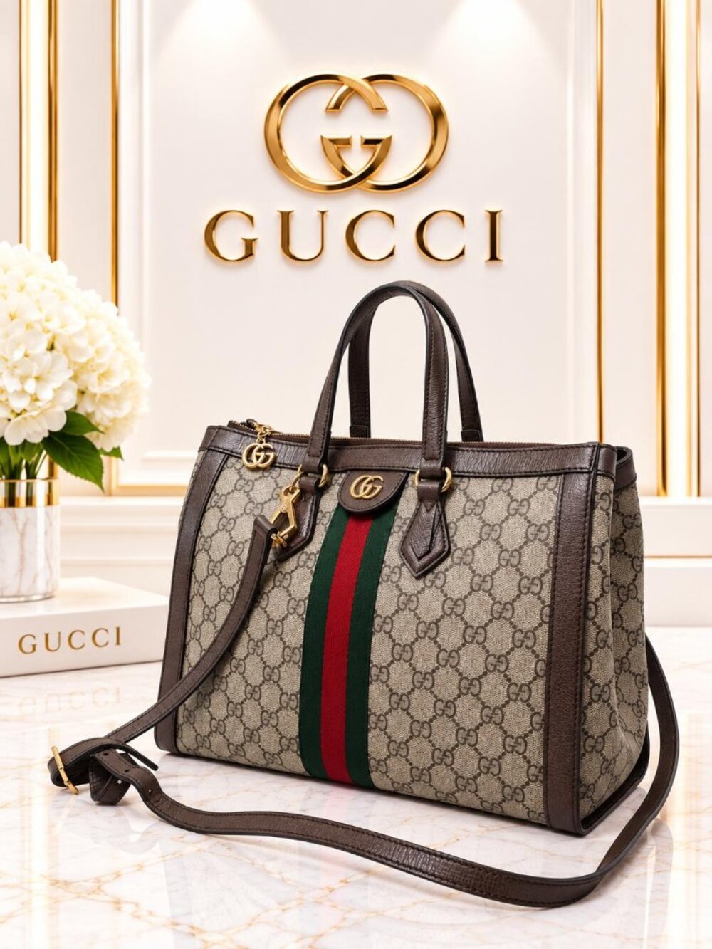 Authentic Gucci Ophidia GG Supreme Web Stripe Tote Shoulder Crossbody Bag Brown